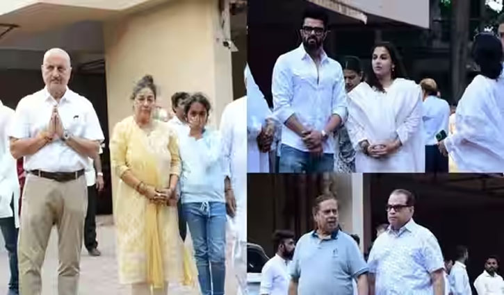 Anupam Kher attends Satish Kaushik's last prayer meeting with his family; David Dhawan, Jackie Shroff, Javed Akhtar also paid tribute