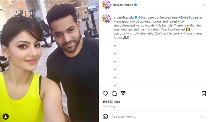 Actress Urvashi Rautela shares filtered photo with Telugu superstar NTR Jr