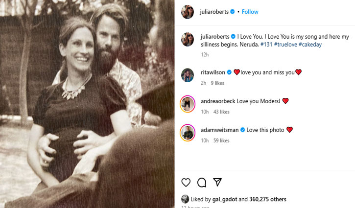 Hollywood star Julia Roberts shared an old pregnancy photo with husband Daniel Moder