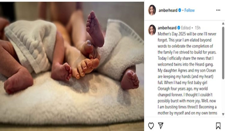 Amber Heard celebrates Mother's Day by announcing birth of twins