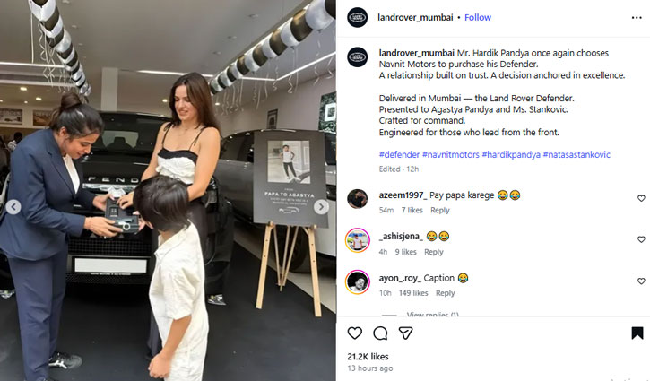 Hardik Pandya buys a luxury defender worth Rs 4 crore for ex-wife Natasha and son Agastya, fans are surprised