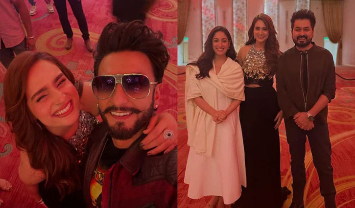 Post-party photos of Ayesha Khan with Ranveer Singh, Aditya Dhar, and Yami Gautam from *Dhurandhar 2* go viral.