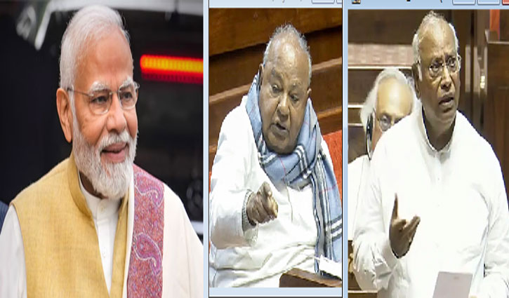 "Love for us, but marriage with Modiji": PM Modi laughs at Congress President Kharge's remark on H.D. Deve Gowda.