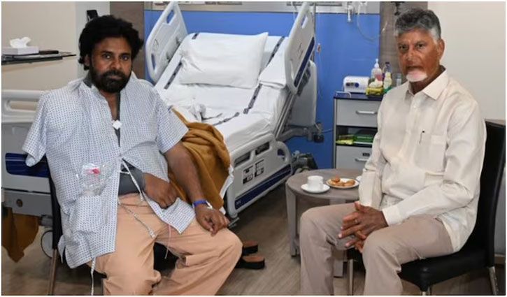 CM Chandrababu Naidu visited Pawan Kalyan in the hospital as he recovers from shoulder surgery.