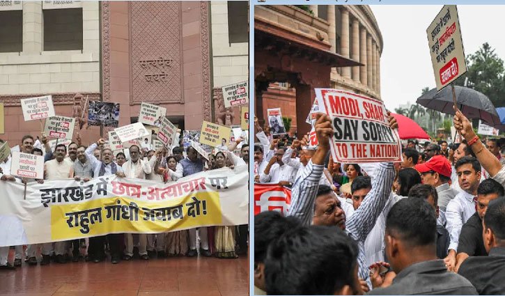 Ruling party and opposition face off outside Parliament; vociferous sloganeering over the lathi-charge on students; Rahul Gandhi also targeted.