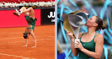 Marta Kostyuk's spectacular style after winning the Madrid Open, celebrated with a backflip.