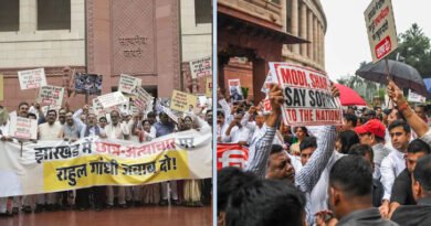 Ruling party and opposition face off outside Parliament; vociferous sloganeering over the lathi-charge on students; Rahul Gandhi also targeted.