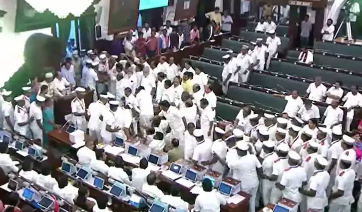 Uproar in Tamil Nadu Assembly; DMK MLAs evicted from the House.
